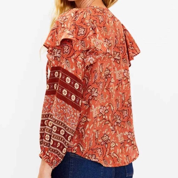 LOFT Auburn Bouquet‎ Boho ruffle split neck floral print blouse top Sz XL - Picture 2 of 9